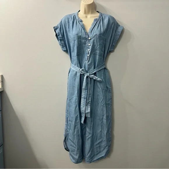 Gap Blue Short Sleeve Chambray Midi Cotton Dress with Belt Size Small - Picture 2 of 10